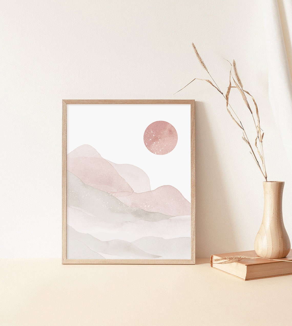 Blush Pink Watercolor Mountains Rose Moon Minimalist Wall Art - Image 2