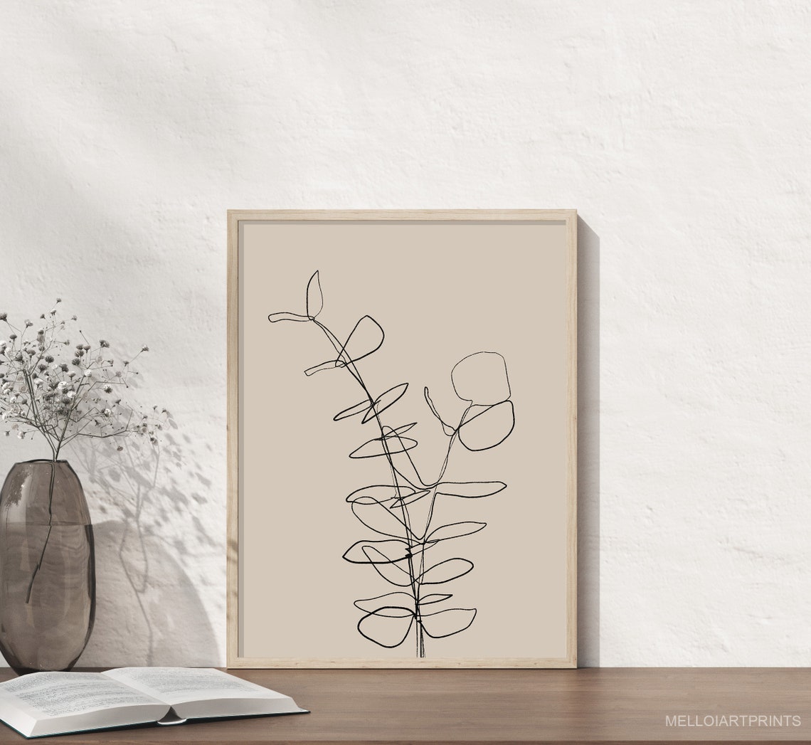 Eucalyptus Continuous Line Drawing Beige Botanical Minimalist Print