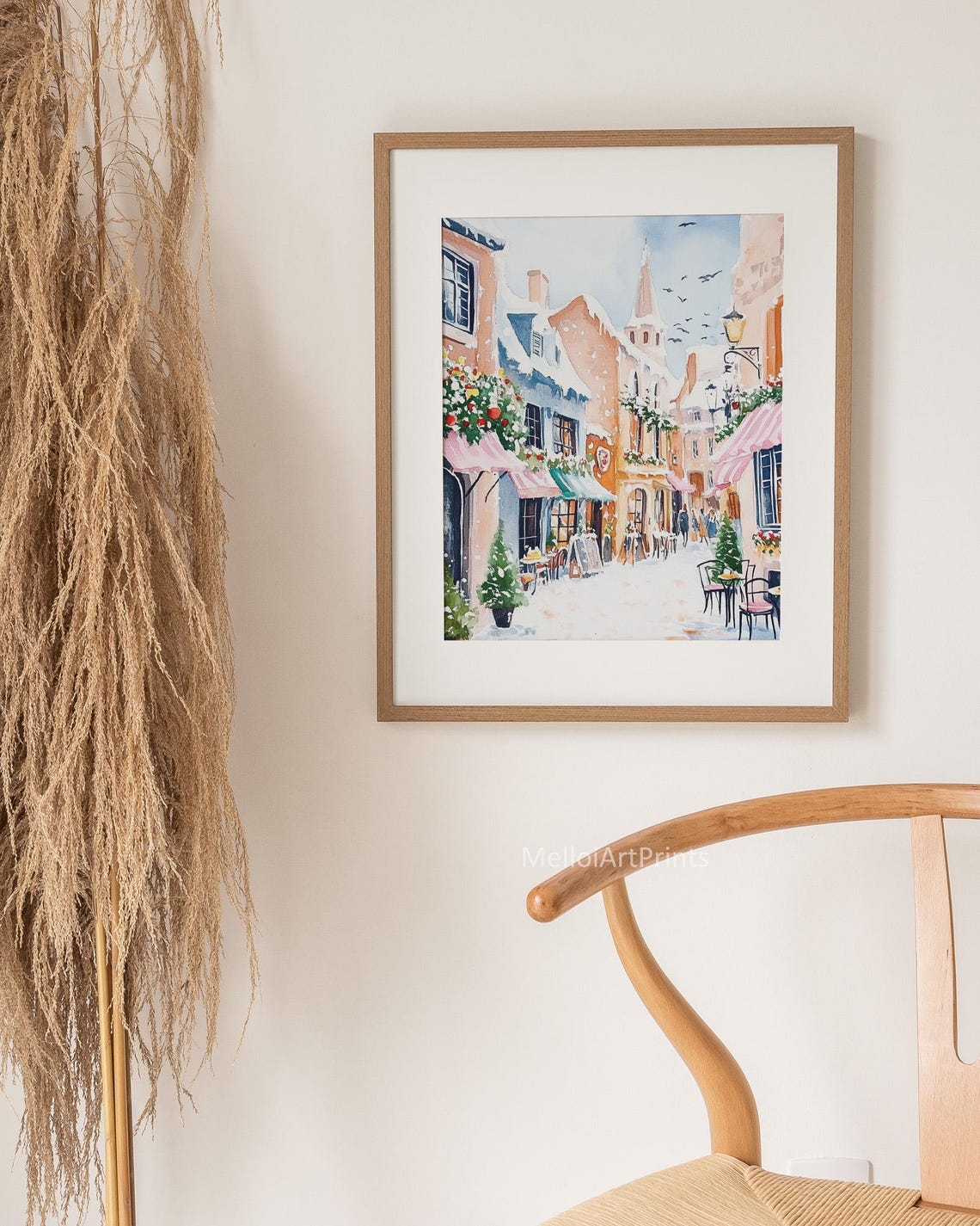 Winter European Street Print Snowy Town Watercolor Cozy Cafe Scene Christmas Village Artwork Romantic City Wall Art Holiday Decor - Image 3