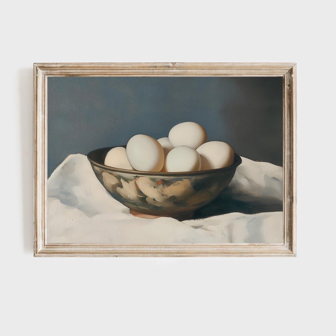 White Eggs in Metal Bowl Moody Still Life Oil Painting Poster