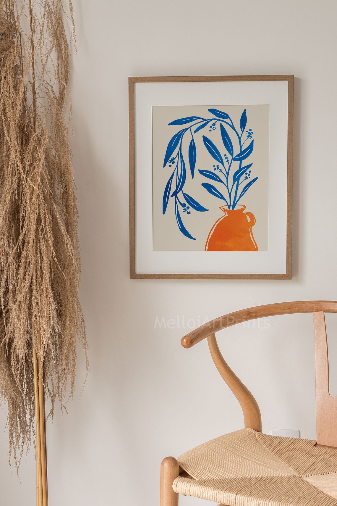 Cobalt Blue Leaves Orange Vase Bold Botanical Modern Poster Decor - Image 2