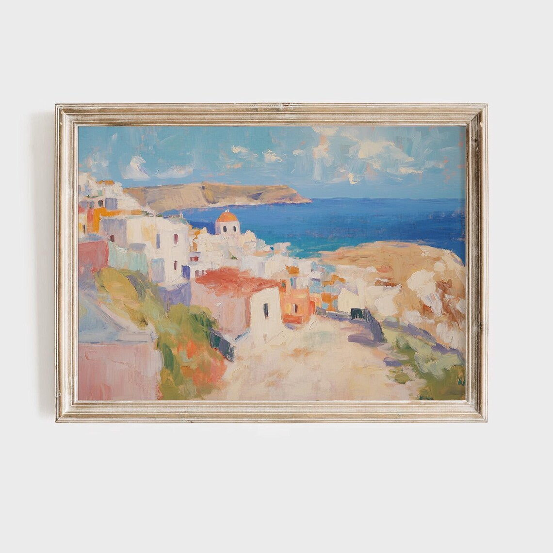 Greek Island Coastal Village White Houses Blue Sea Painting Poster