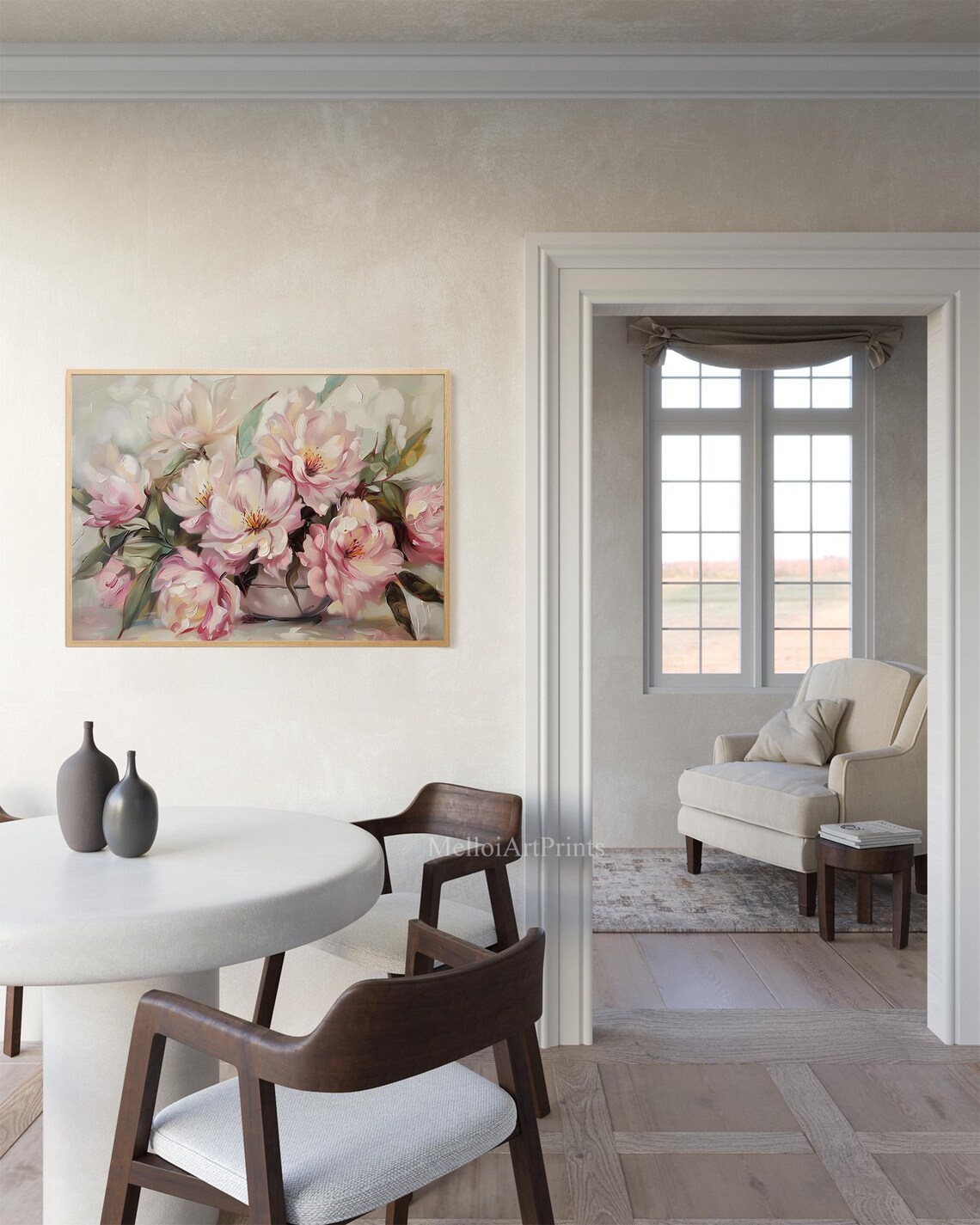 Vintage Pink Peonies Vase Oil Painting Floral Bouquet Art Poster - Image 3