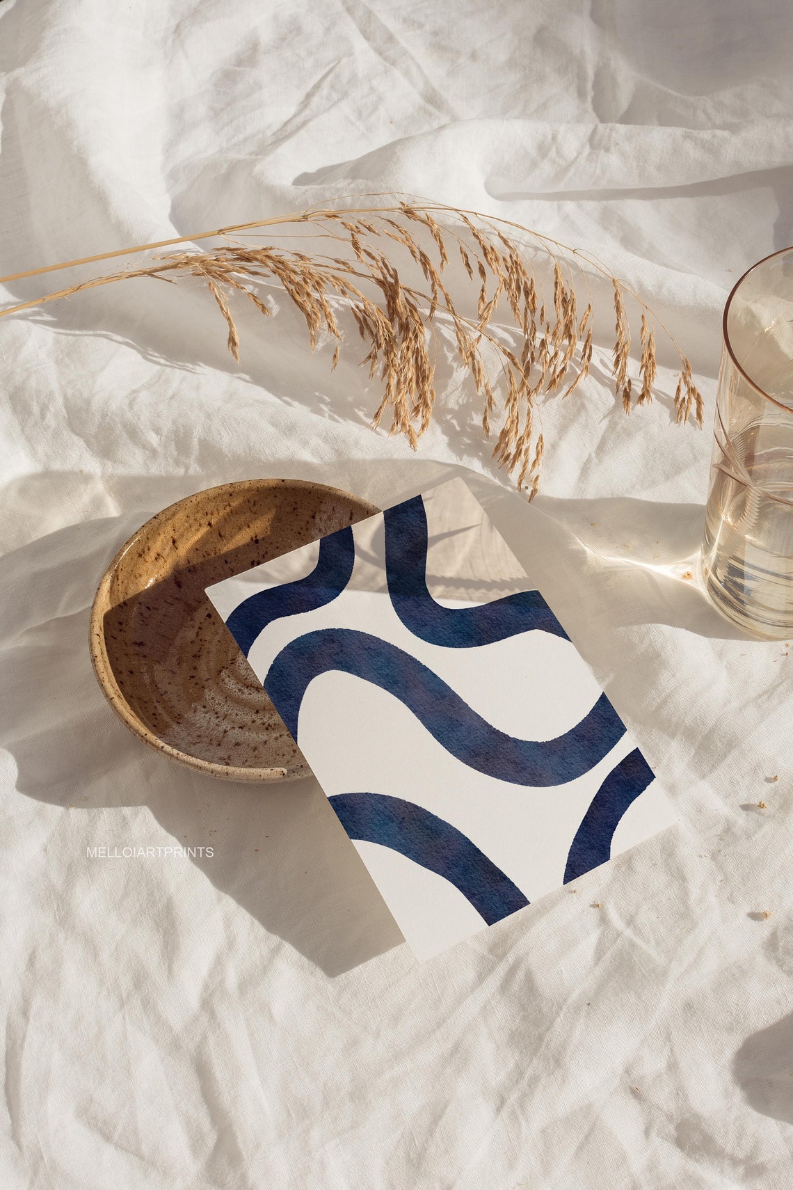 Navy Blue Flowing Curved Lines White Abstract Watercolor Poster - Image 2