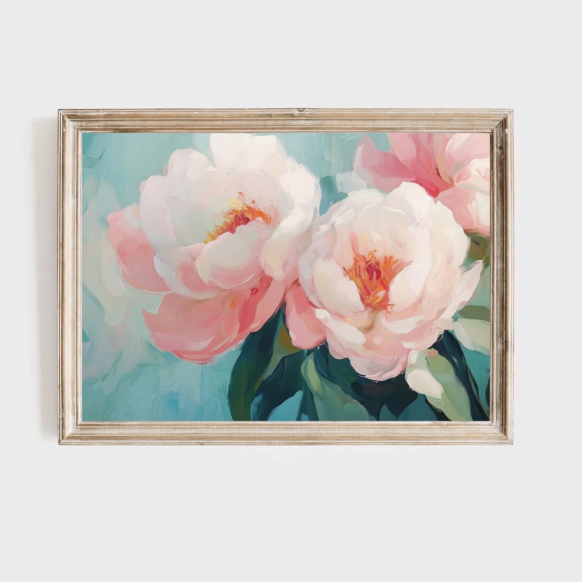 Soft Pink Peony Flowers Turquoise Background Floral Painting Poster