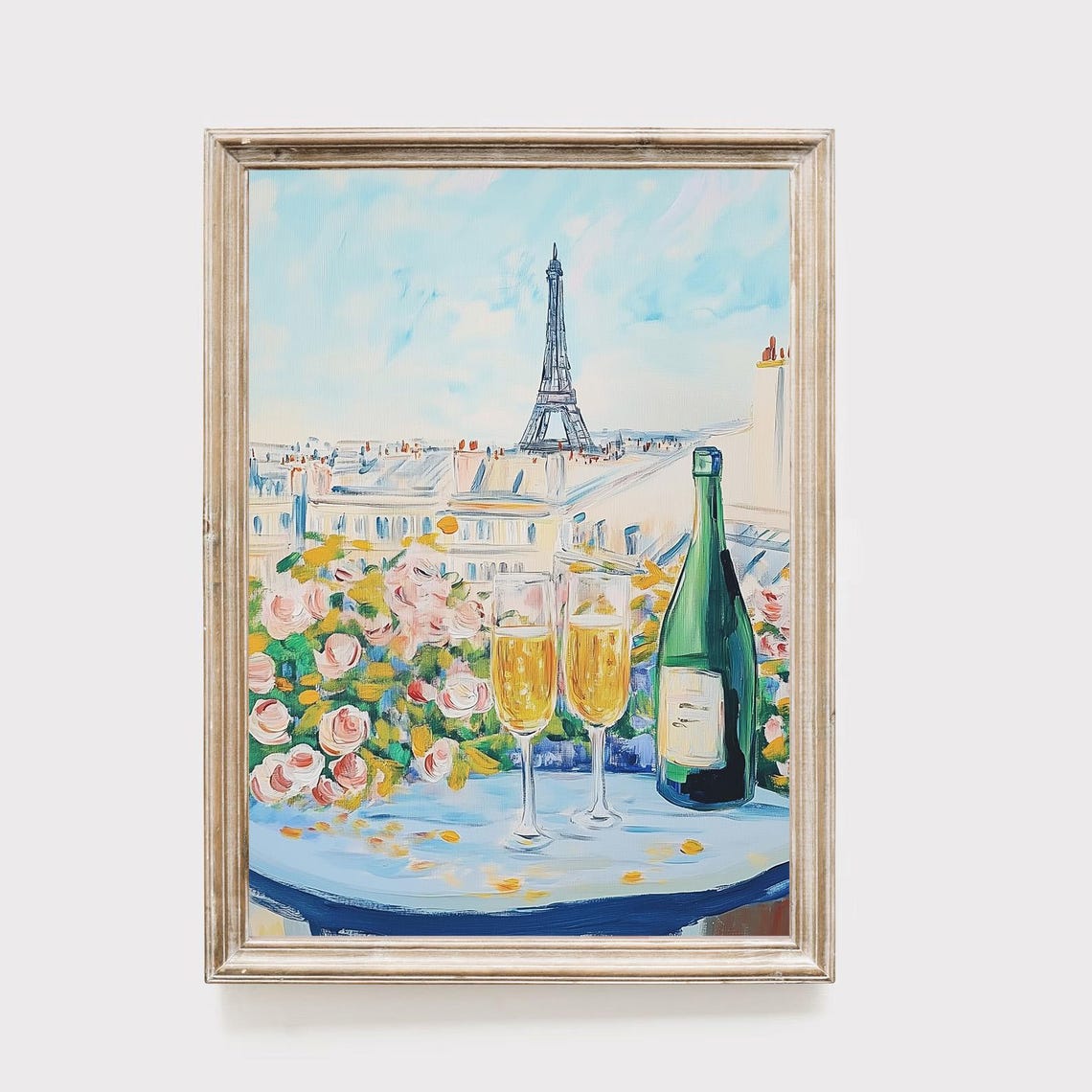 Paris Eiffel Tower Champagne Roses Romantic Cityscape Painting Poster