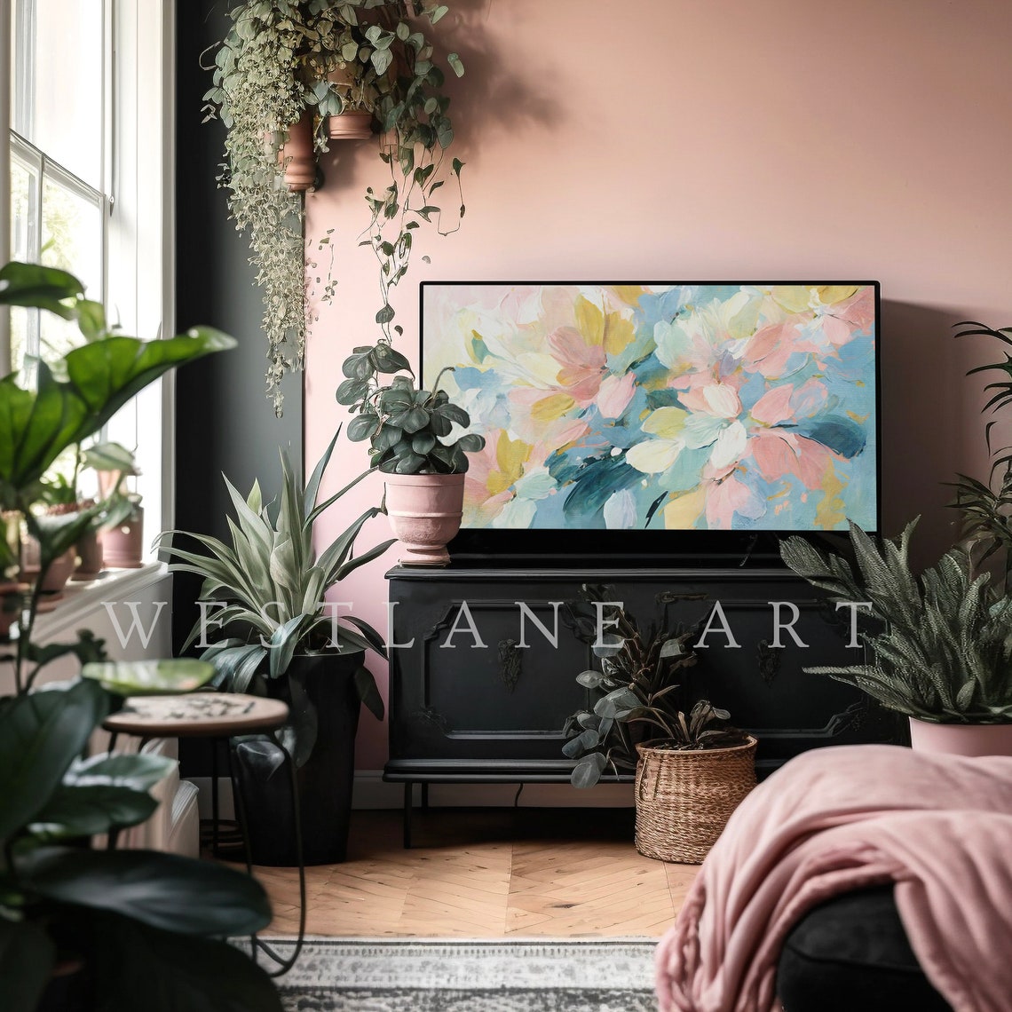 Pastel Abstract Spring Floral Pink Yellow Blue Painting Wall Art - Image 4