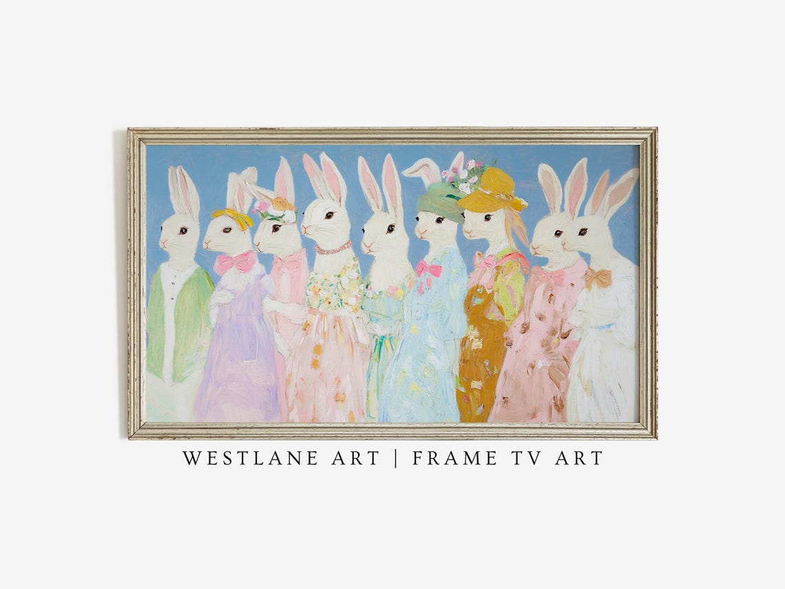 Spring Easter Bunnies In Pastel Dresses Bunny Lineup Art Print - Image 2