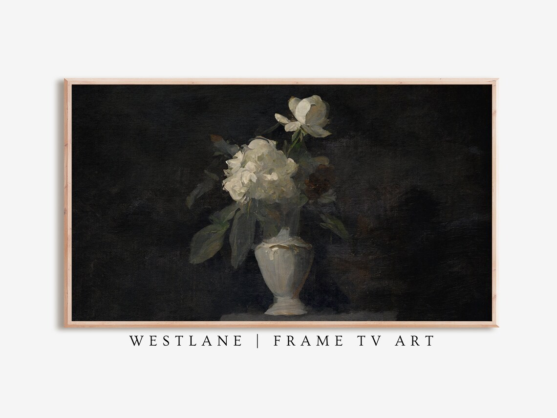 Dark Floral Still Life White Flowers Black Background Art Poster - Image 2