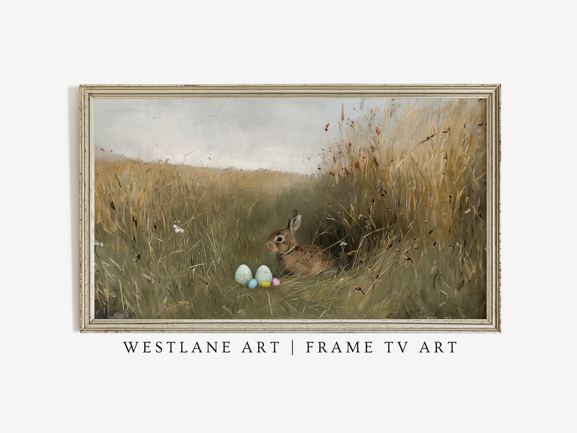 Easter Bunny Wheat Grass Painting Pastel Eggs Rustic Spring Art Print - Image 3