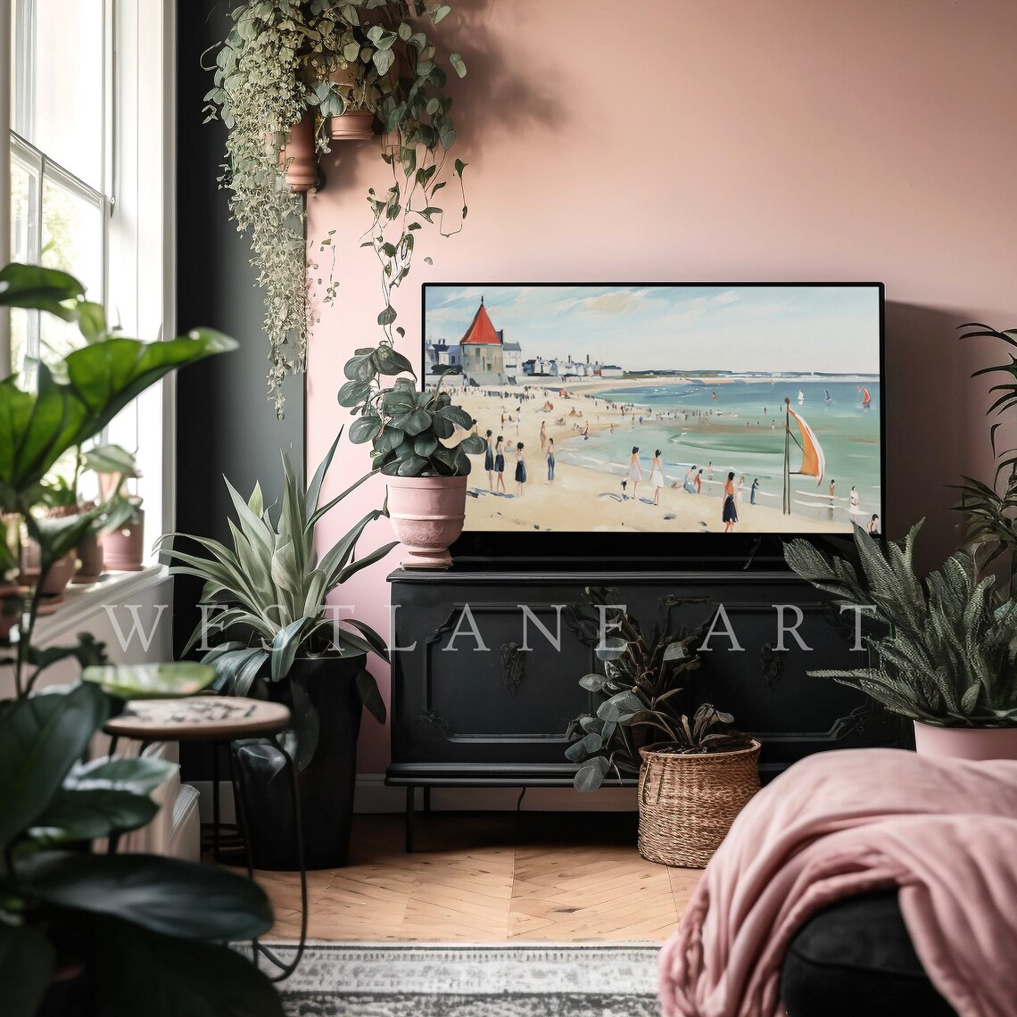 Vintage Beach Scene Bathers Red Roof Coastal Painting Wall Art - Image 4