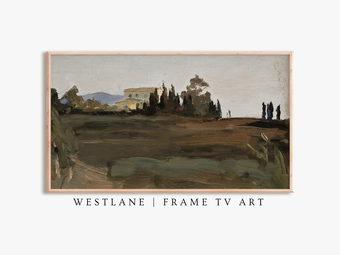 Vintage European Villa Dark Green Landscape Oil Painting Wall Art