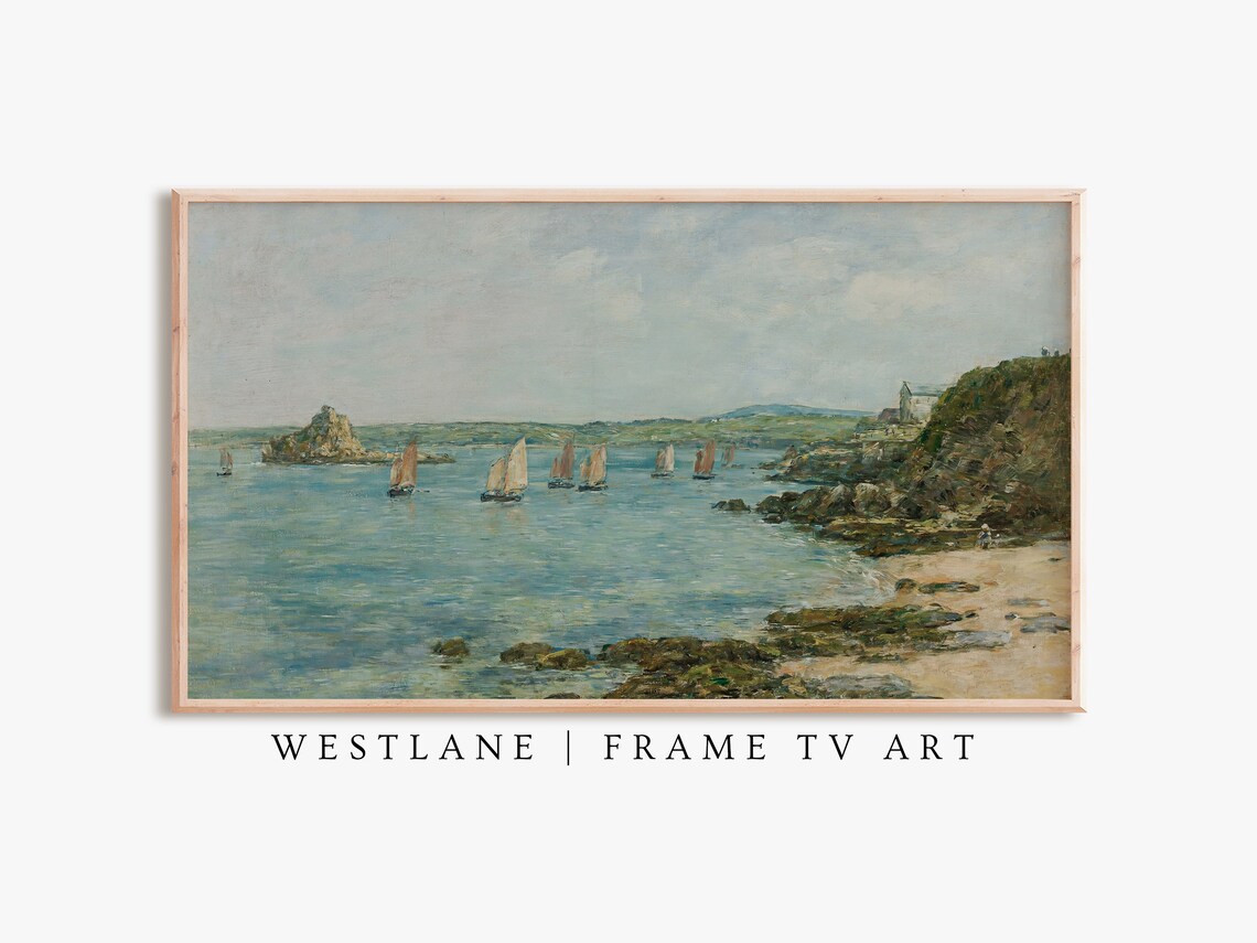 Sailboats Bay Impressionist Turquoise Water Rocky Coast Scene Poster