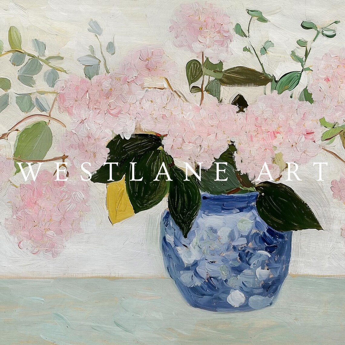 Pastel Pink Lilac Blossoms Blue Vase Painting Cottage Floral Art Print - Image 2