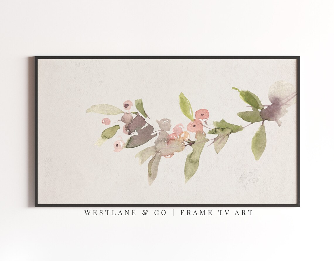 Minimal Pink Berry Branch Soft Watercolor Neutral Holiday Wall Art