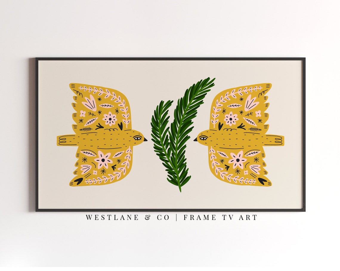 Golden Folk Art Birds Pine Branch Scandinavian Christmas Wall Art