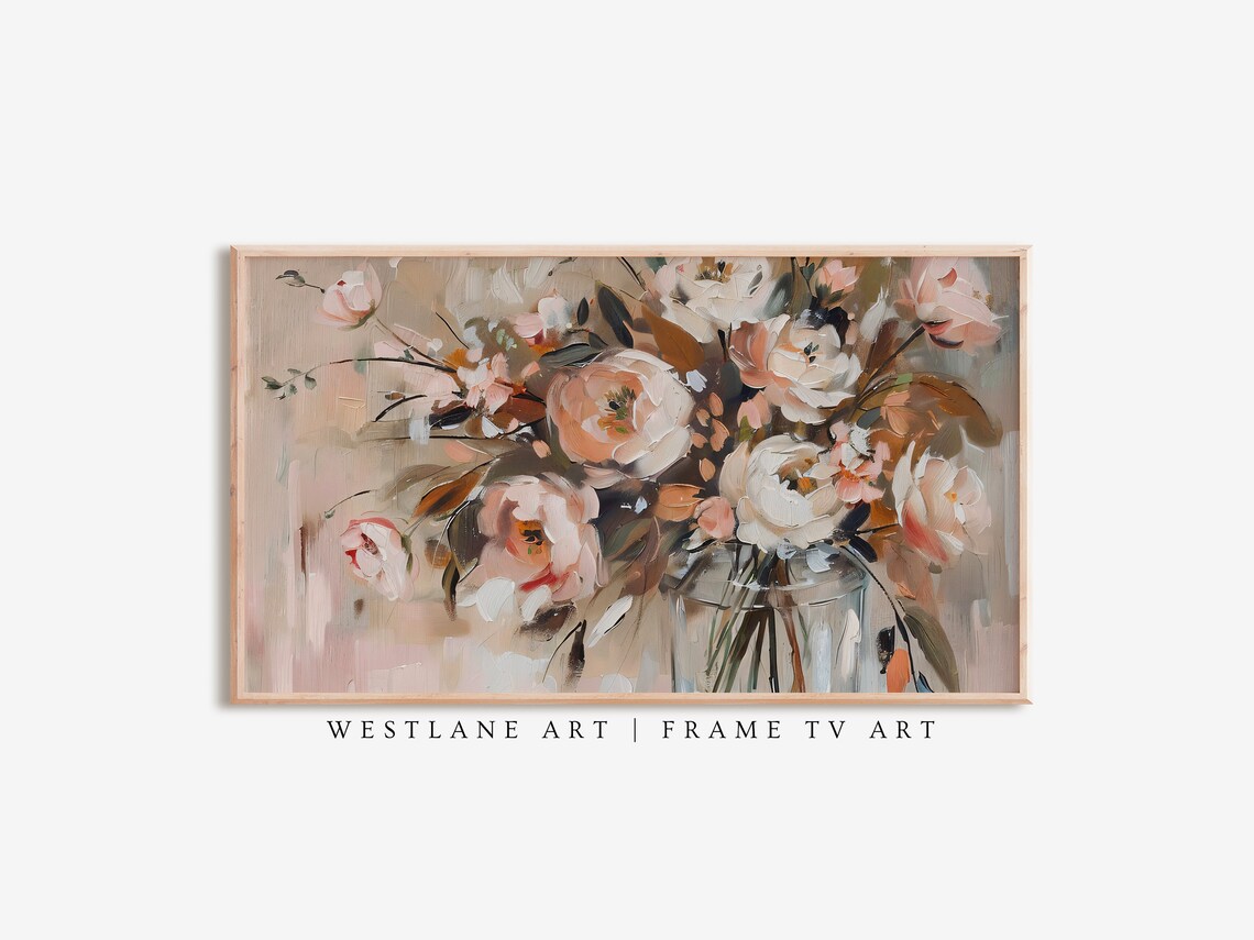 Neutral Floral Still Life Painting Blush Peonies Glass Vase Art Print