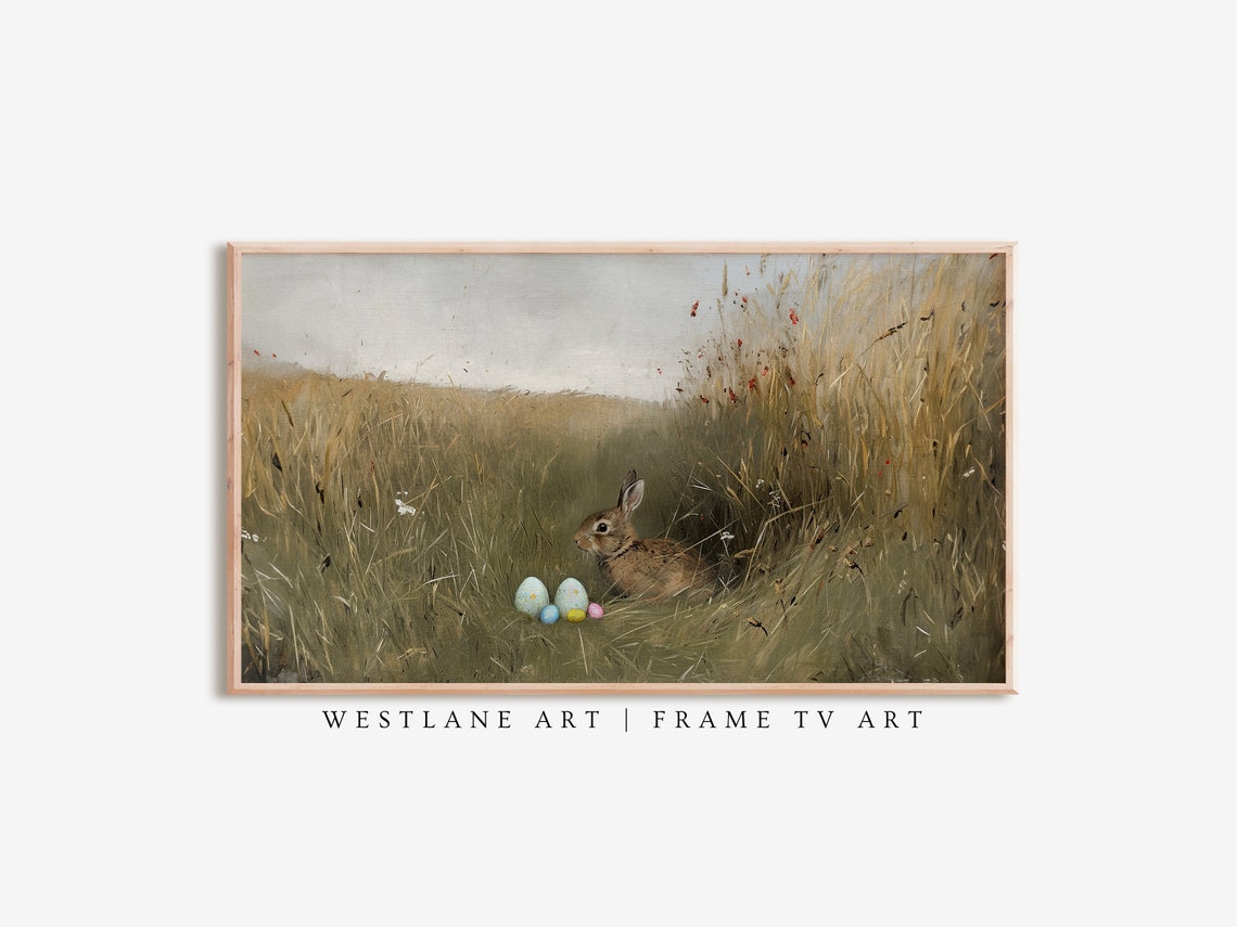 Easter Bunny Wheat Grass Painting Pastel Eggs Rustic Spring Art Print