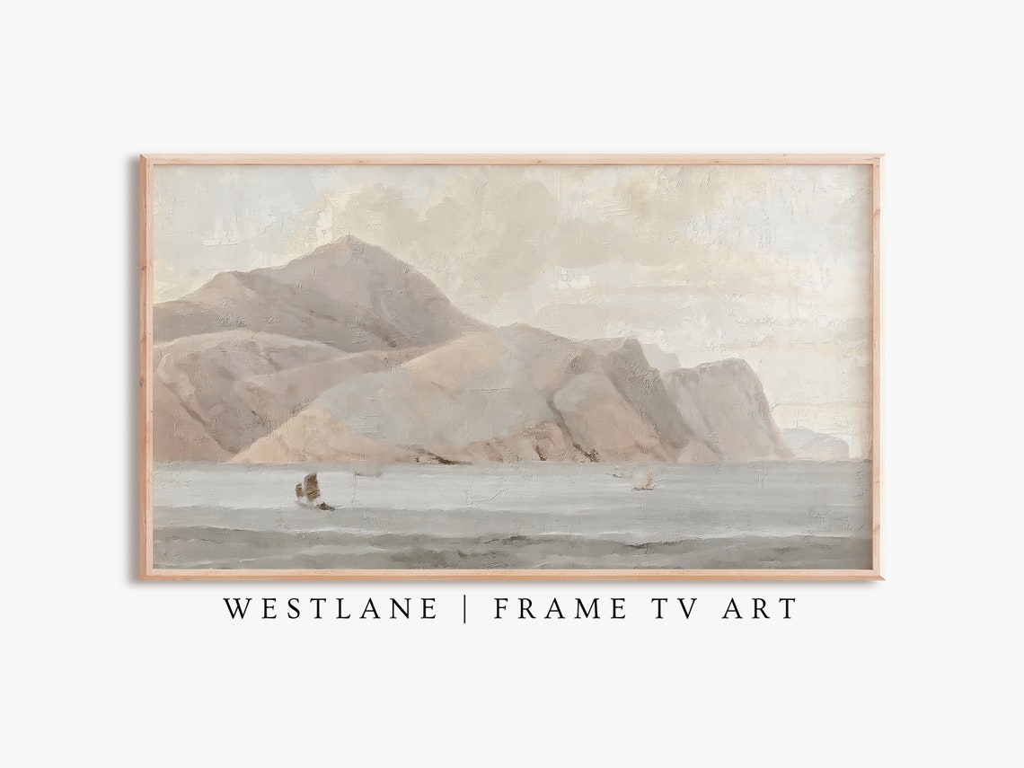 Pale Coastal Mountains Grey Sea Sailboats Muted Seascape Wall Art