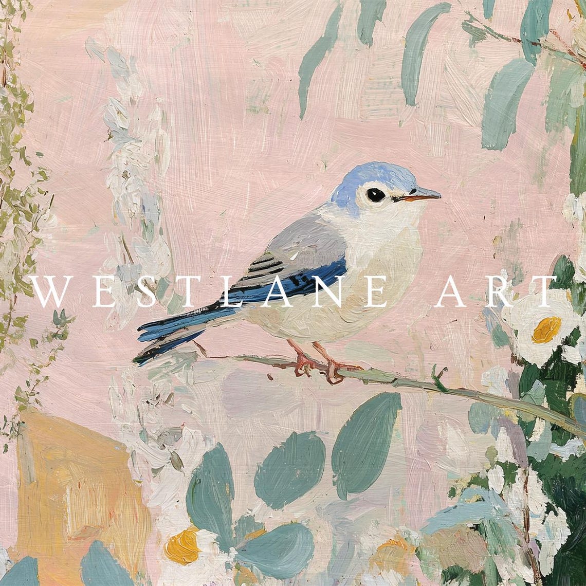 Blue Songbird Blossom Branch Painting Pink Flowers Spring Art Print - Image 3