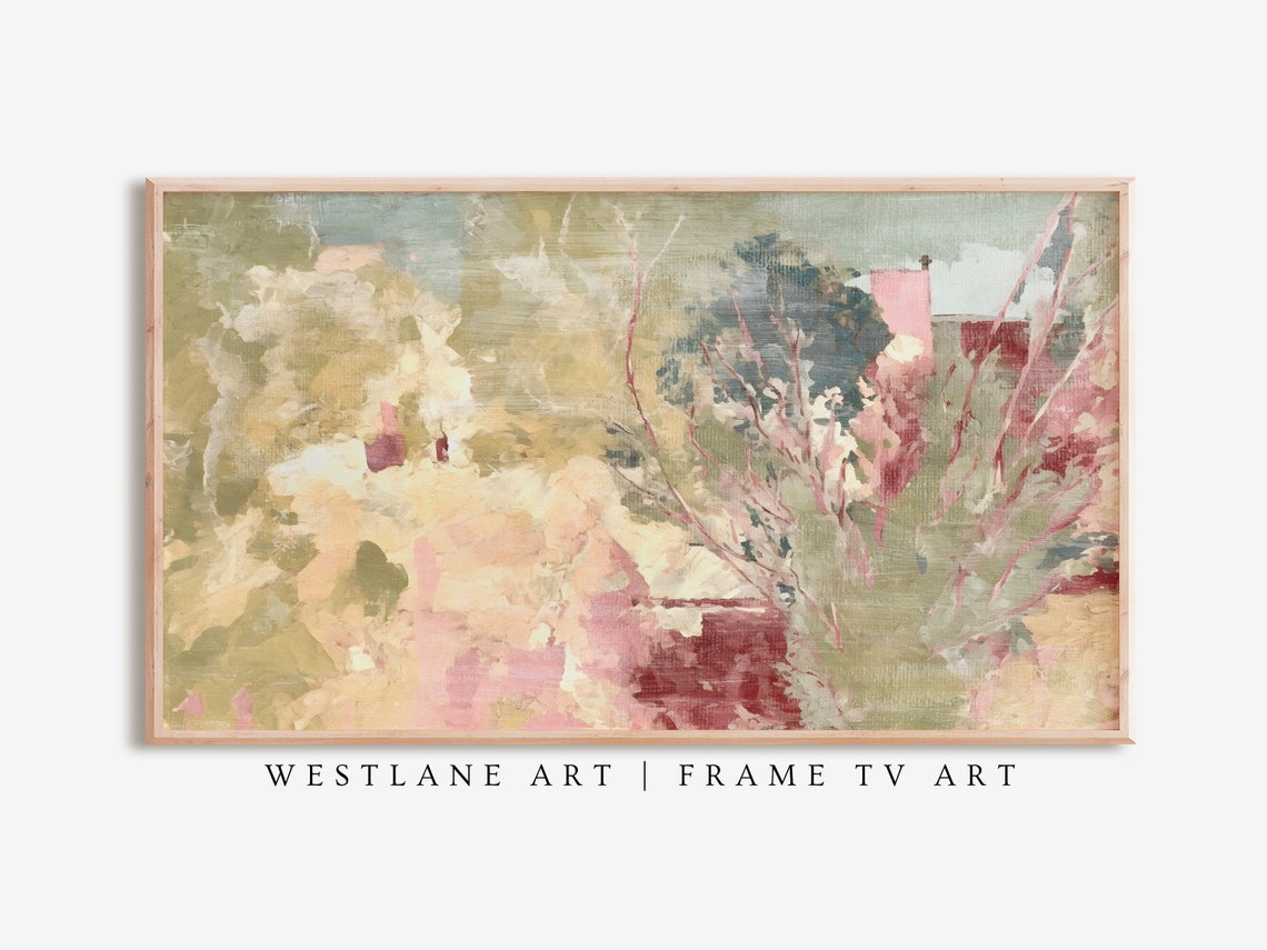 Tv Art Pastel Green Cottage Landscape Spring Painting Girls Pink Yellow Green Living Room Decor Tv395