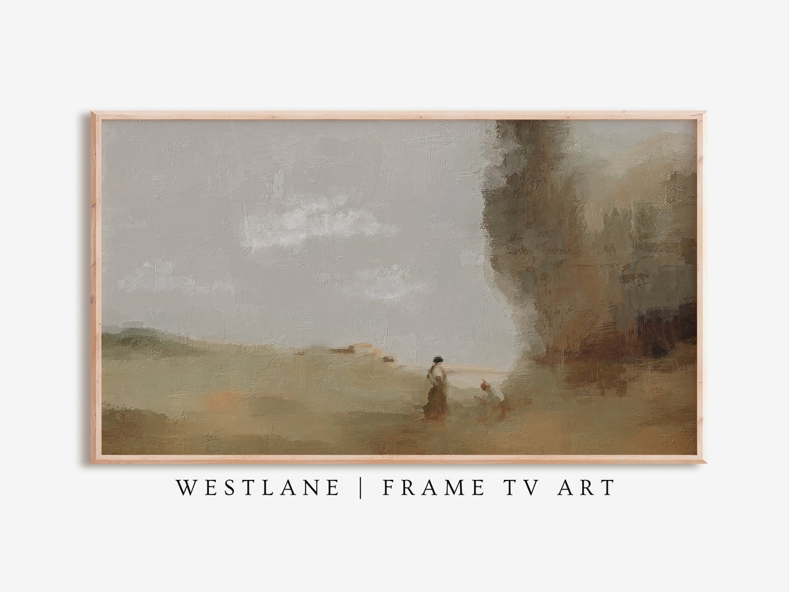 Muted Tonal Country Landscape Figure Walking Field Painting Art