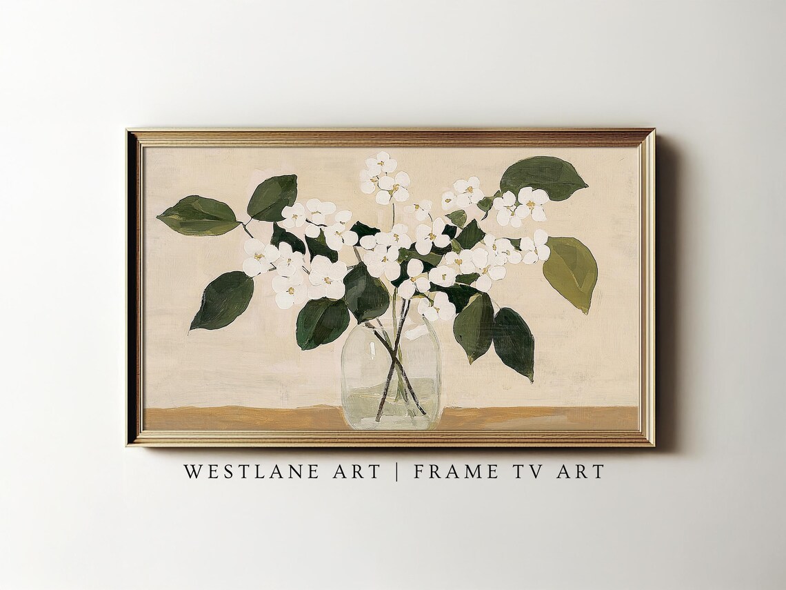 Minimalist White Blossoms Glass Jar Painting Beige Botanical Art Print - Image 2