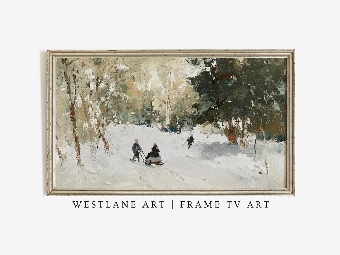 Vintage Winter Sledding Oil Painting Children in Snowy Forest Poster - Image 3