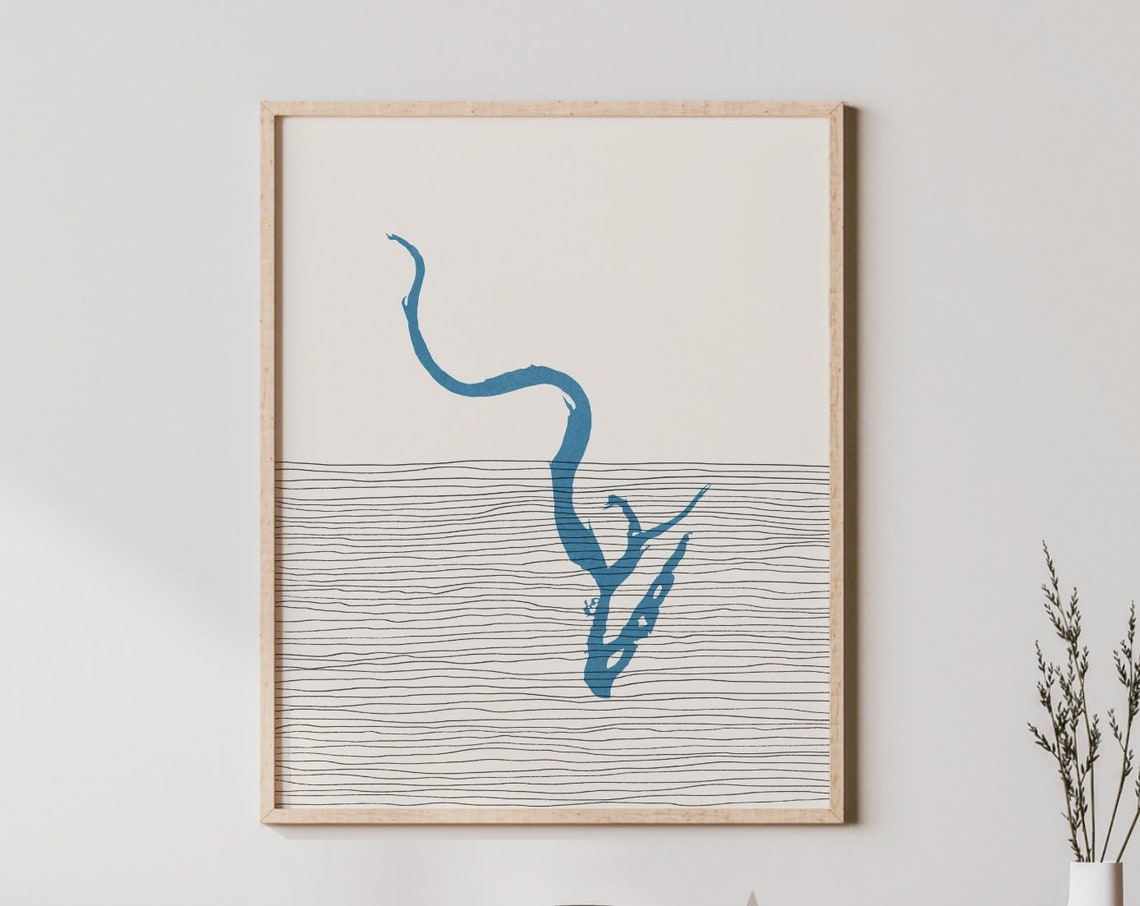 Moses Lake Winding Blue Water Boho Line Art Minimal Wall Print