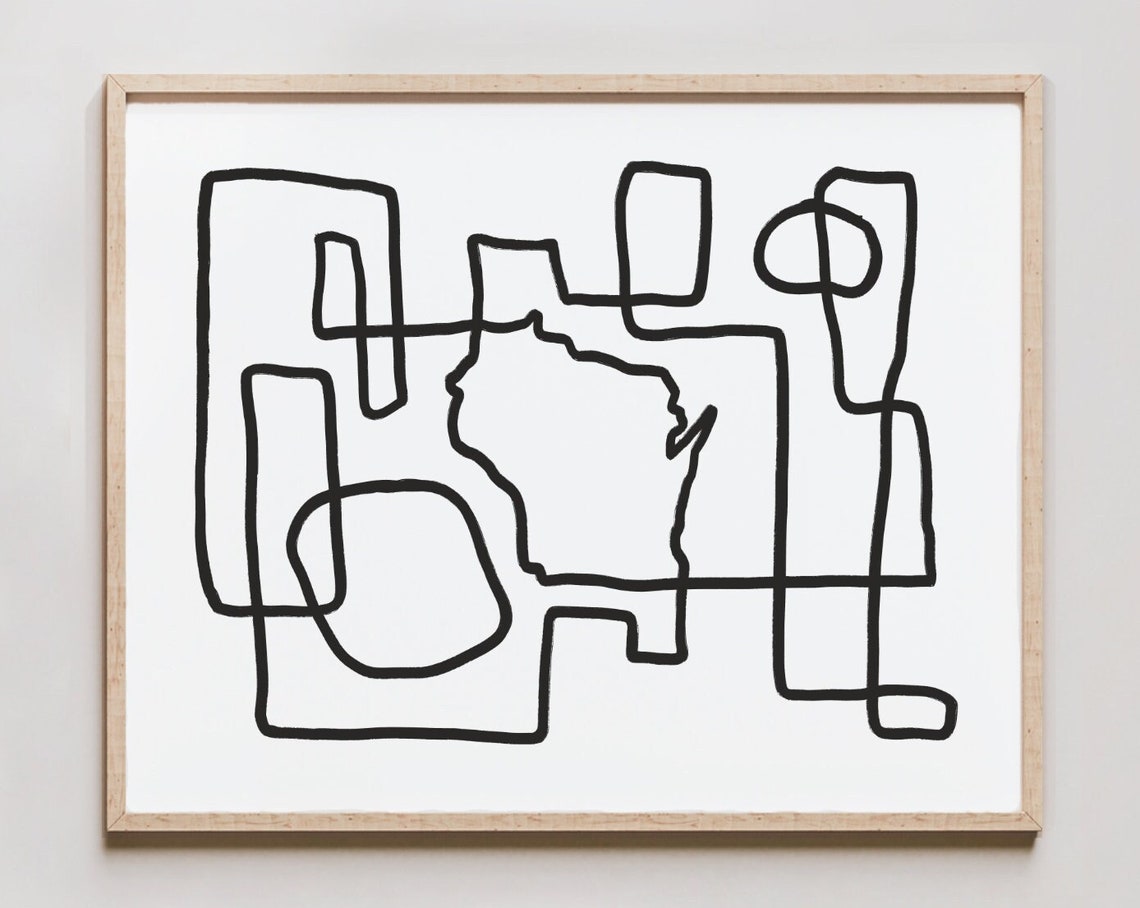 Wisconsin Line Art Print One Drawing Abstract Minimalist Map Of
