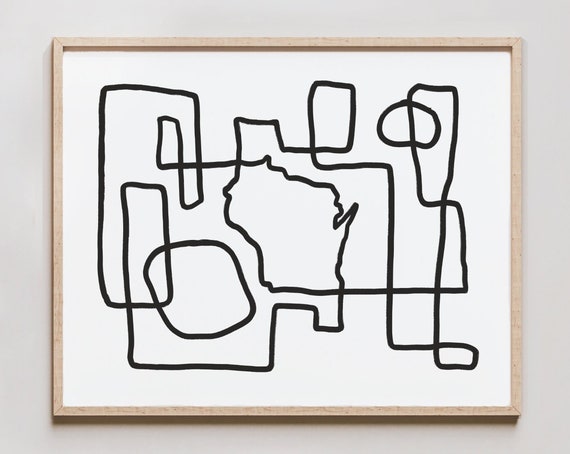 Wisconsin Line Art Print One Drawing Abstract Minimalist Map Of