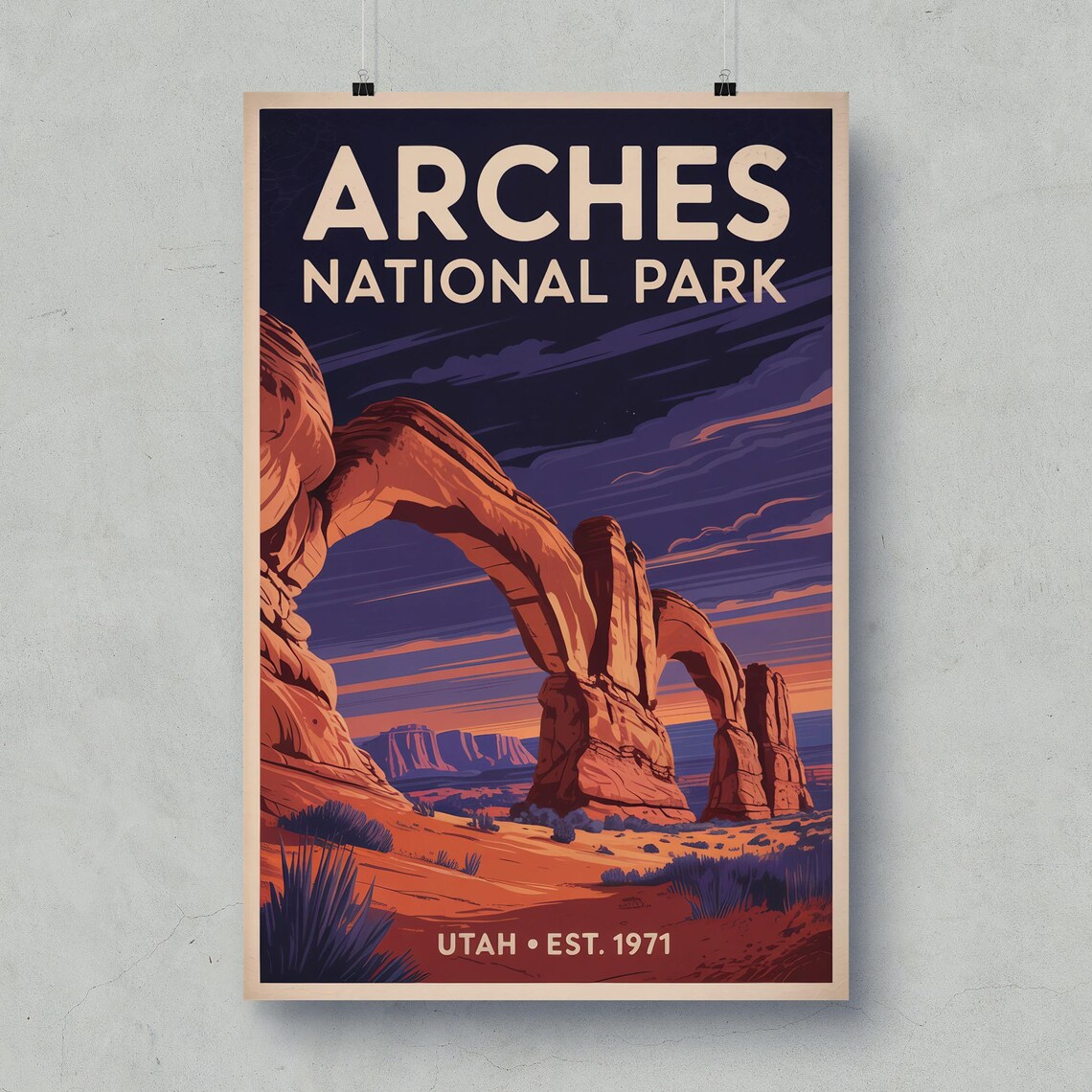Arches National Park Vintage Travel Poster Red Rock Arch Night Art