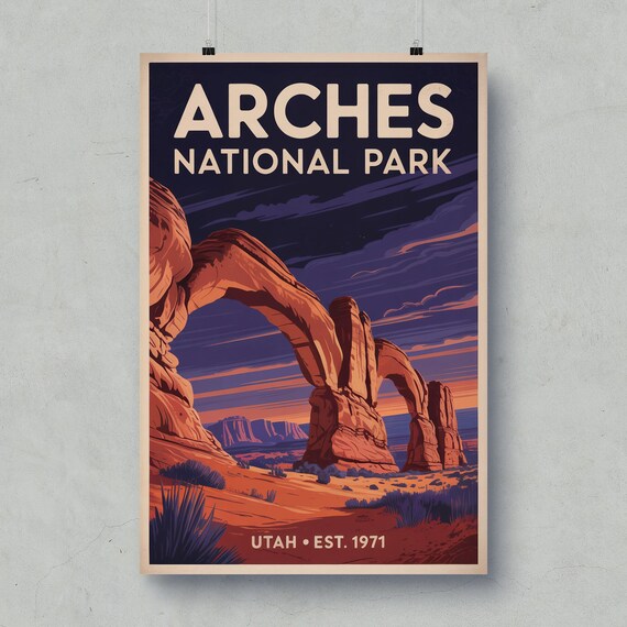 Arches National Park Vintage Travel Poster Red Rock Arch Night Art