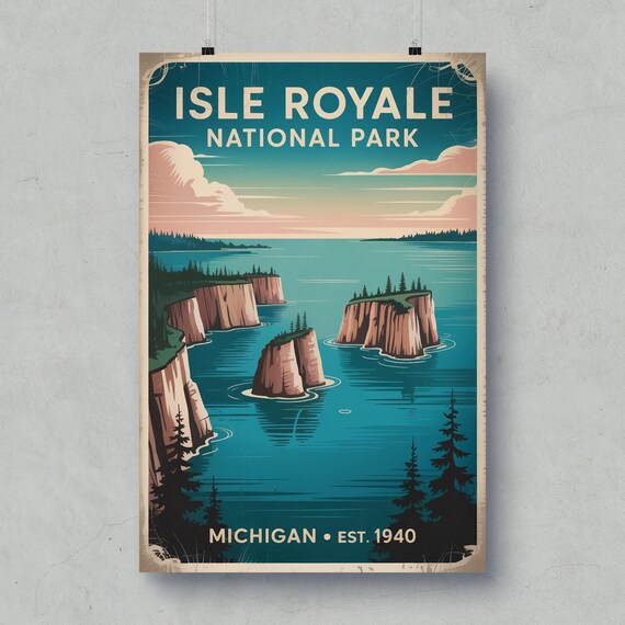 Isle Royale National Park Michigan Cliff Islands Vintage Lake Poster