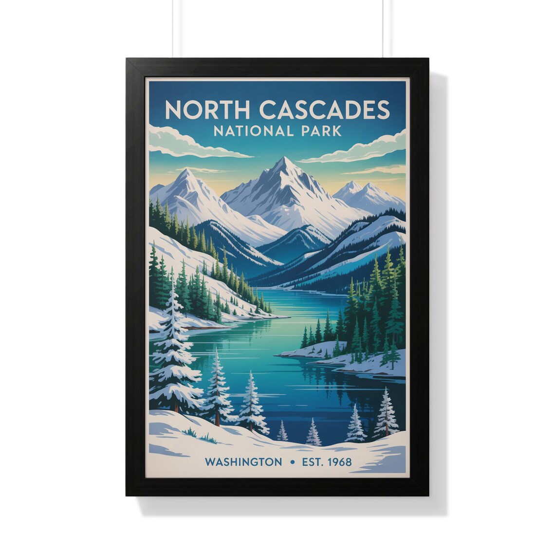 North Cascades Washington Snowy Peak Lake Vintage Travel Poster