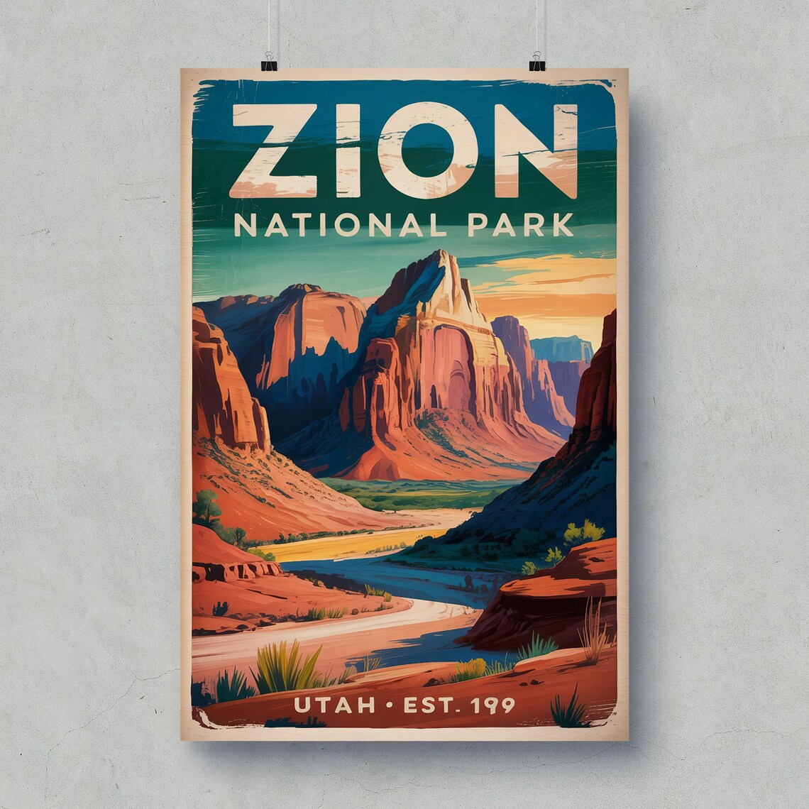 Zion National Park Utah Red Cliffs Vintage Desert Travel Poster