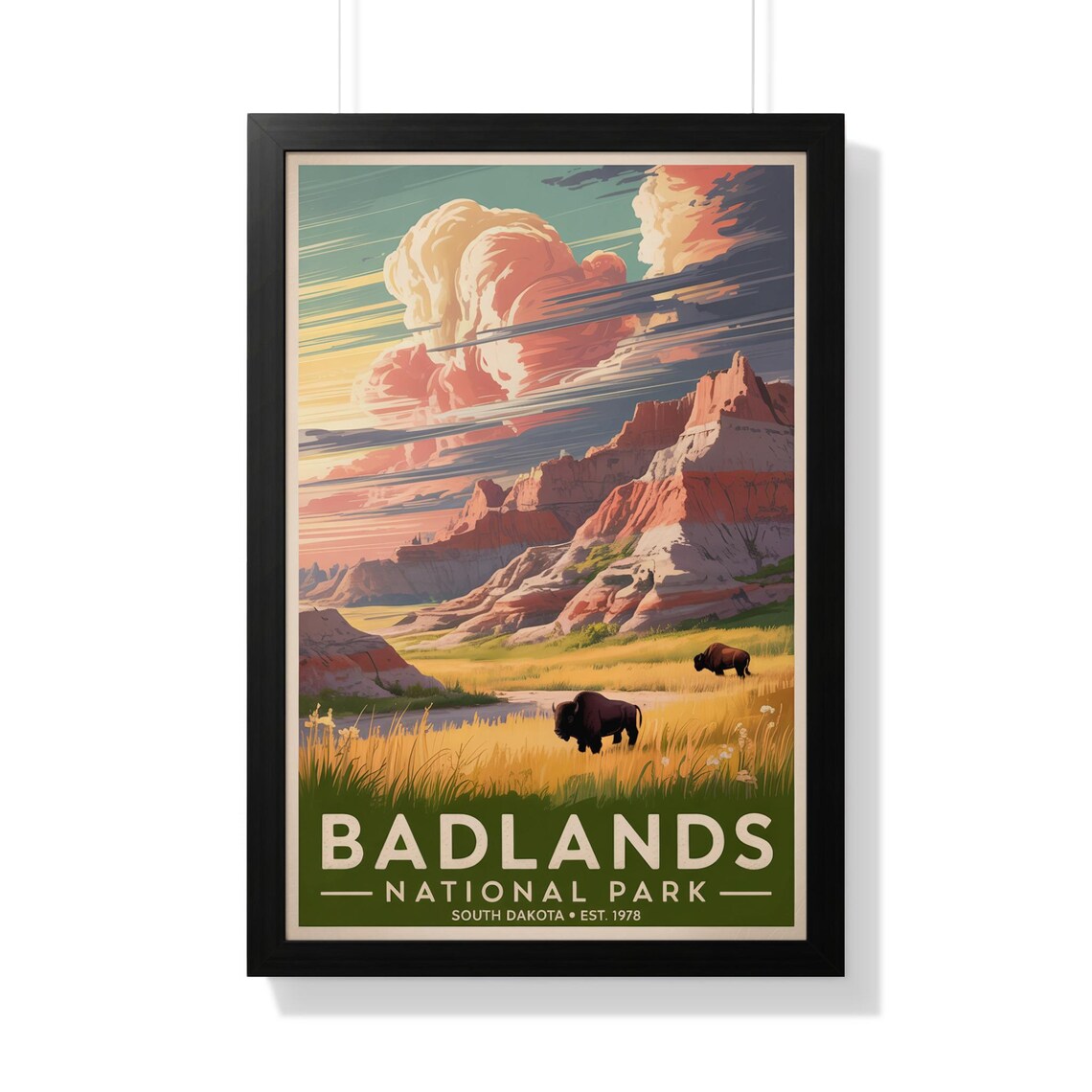 Badlands National Park South Dakota Bison Vintage Travel Poster