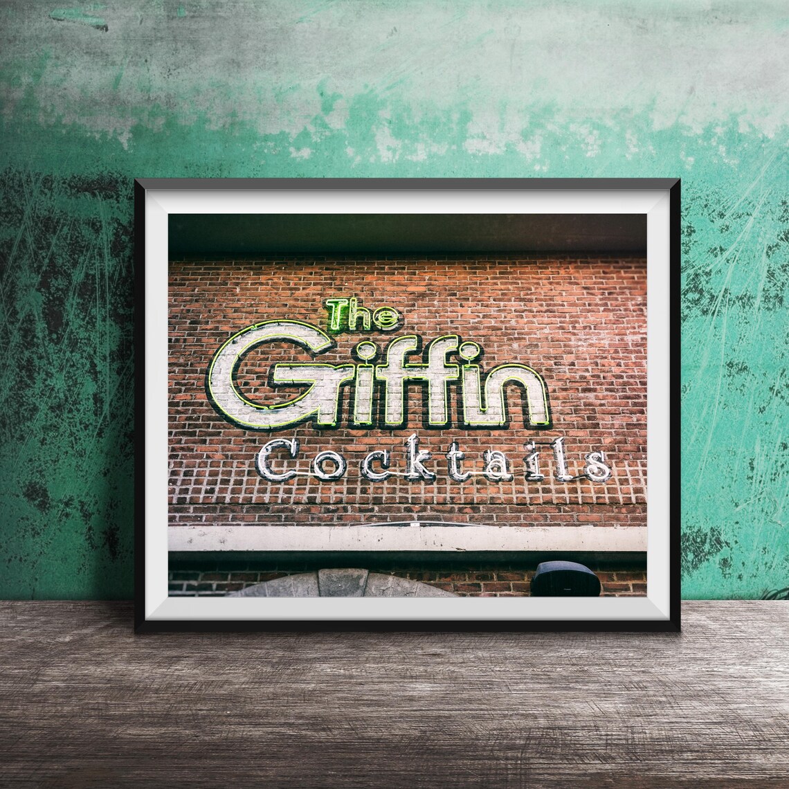 The Griffin Cocktails Painted Brick Wall Neon Bar Sign Art Poster