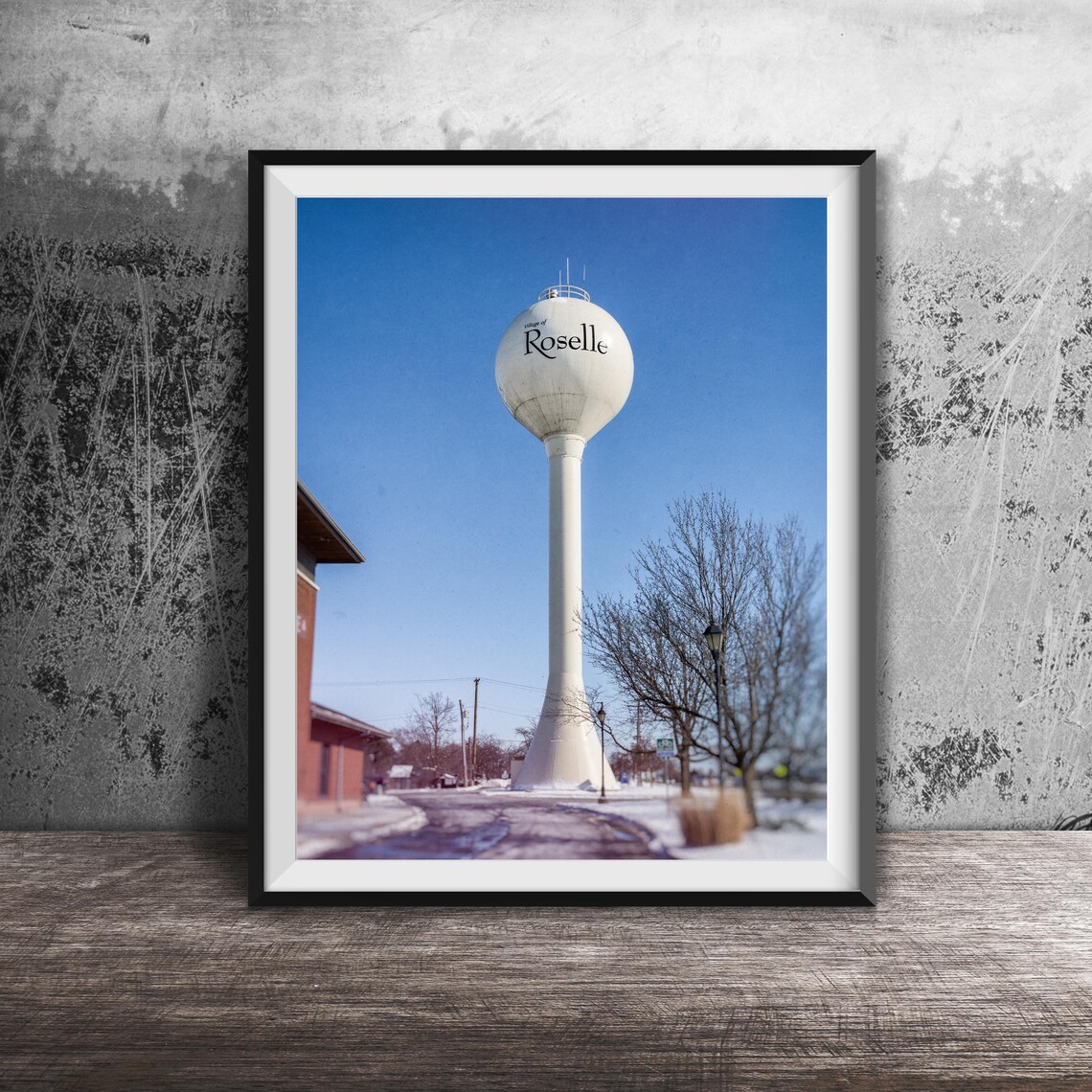Village of Roselle Illinois Water Tower Winter Suburban Scene Poster