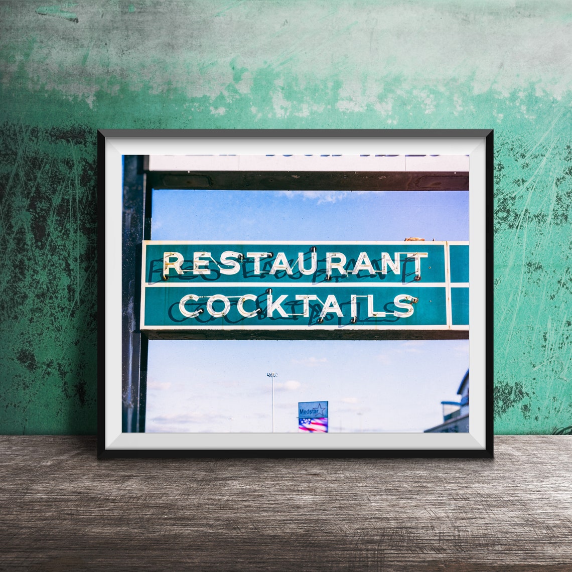 Retro Teal Neon Restaurant Cocktails Roadside Sign Night Poster