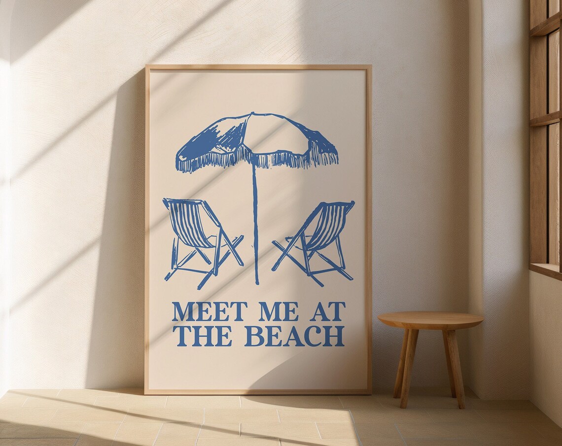 Meet Me At The Beach Blue Umbrella Chair Line Art Print Coastal Decor