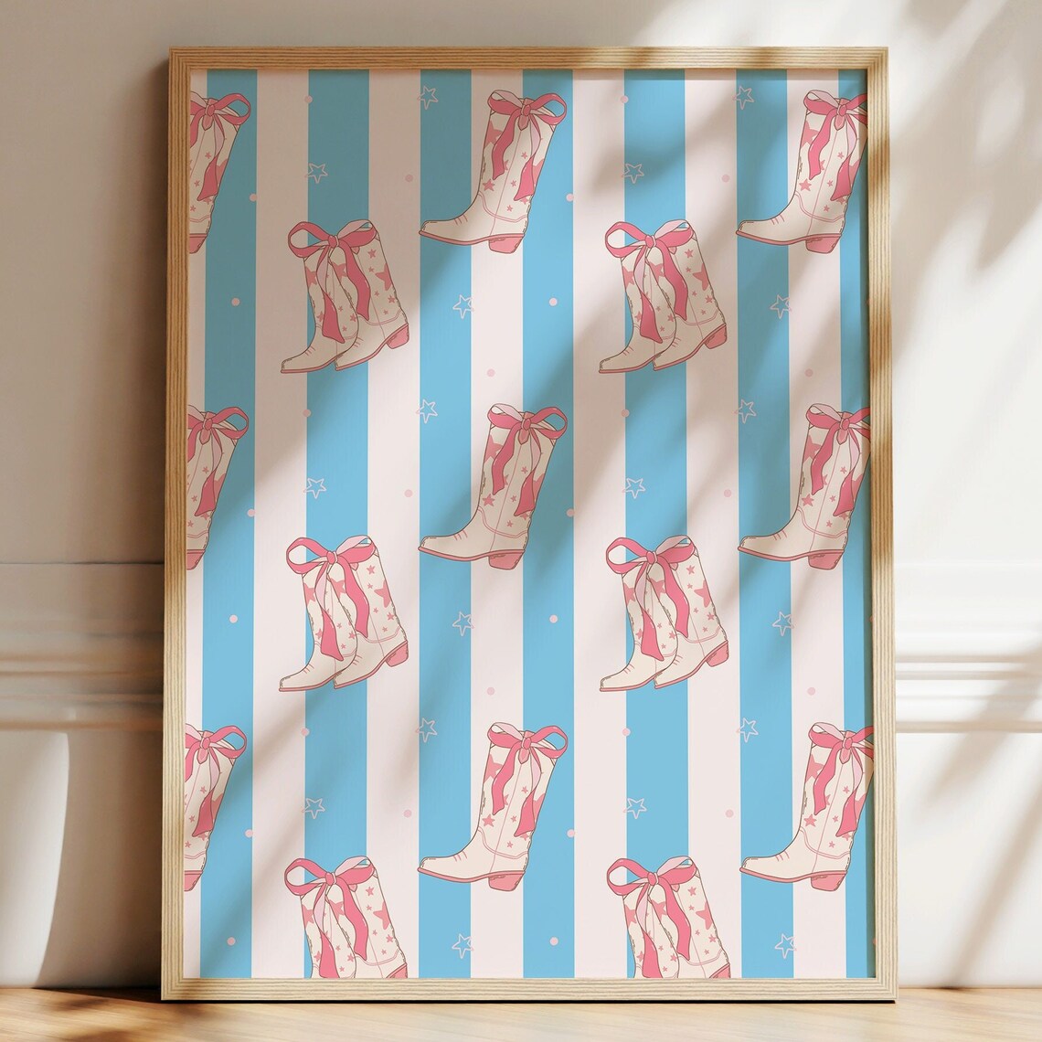 Cute Preppy Pink Cowboy Boots Bow Striped Western Girls Room Wall Art