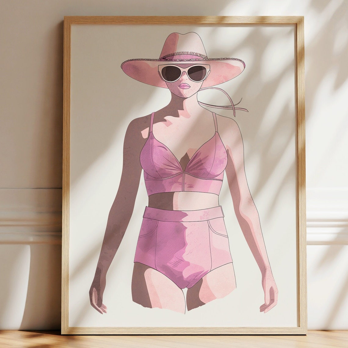 Pink Swimsuit Fashion Illustration Poster Beach Hat Sunglasses Chic