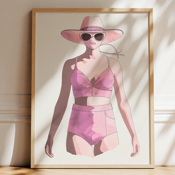 Pink Swimsuit Fashion Illustration Poster Beach Hat Sunglasses Chic