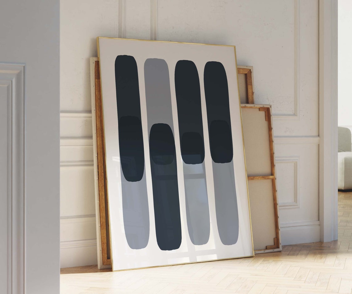 Navy Blue Grey Vertical Bars Minimalist Abstract Art Wall Print