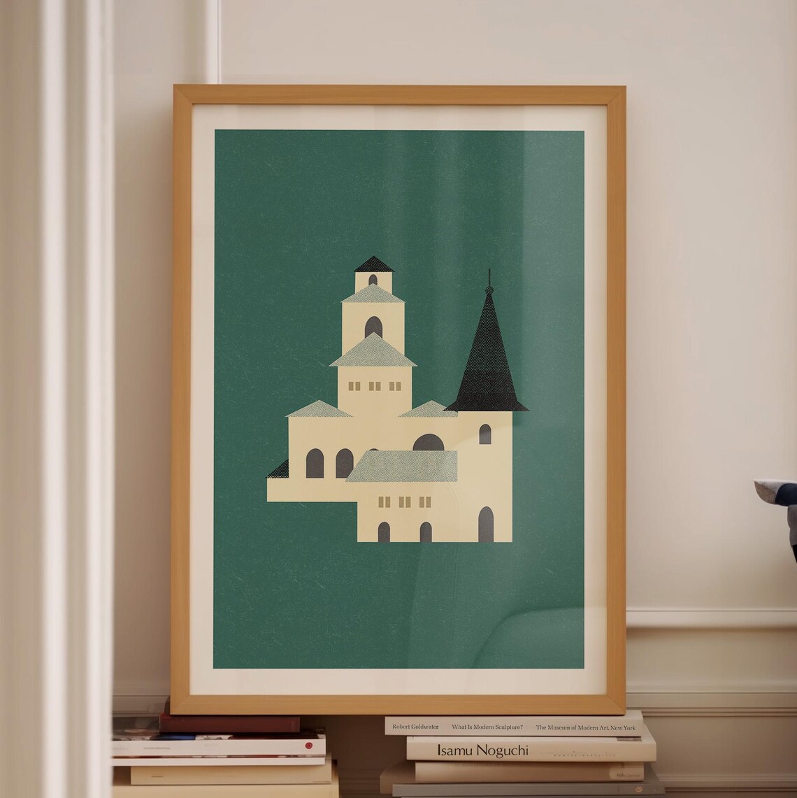 Teal Green Church Mid Century Architecture Poster Wall Decor Art