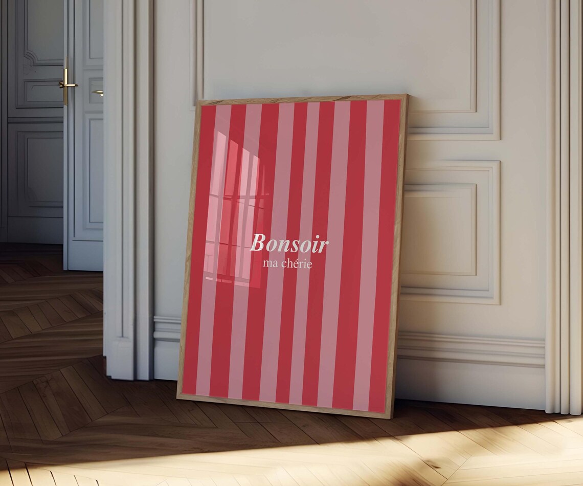 Bonsoir Ma Cherie Red Pink Striped French Quote Kitchen Poster - Image 3