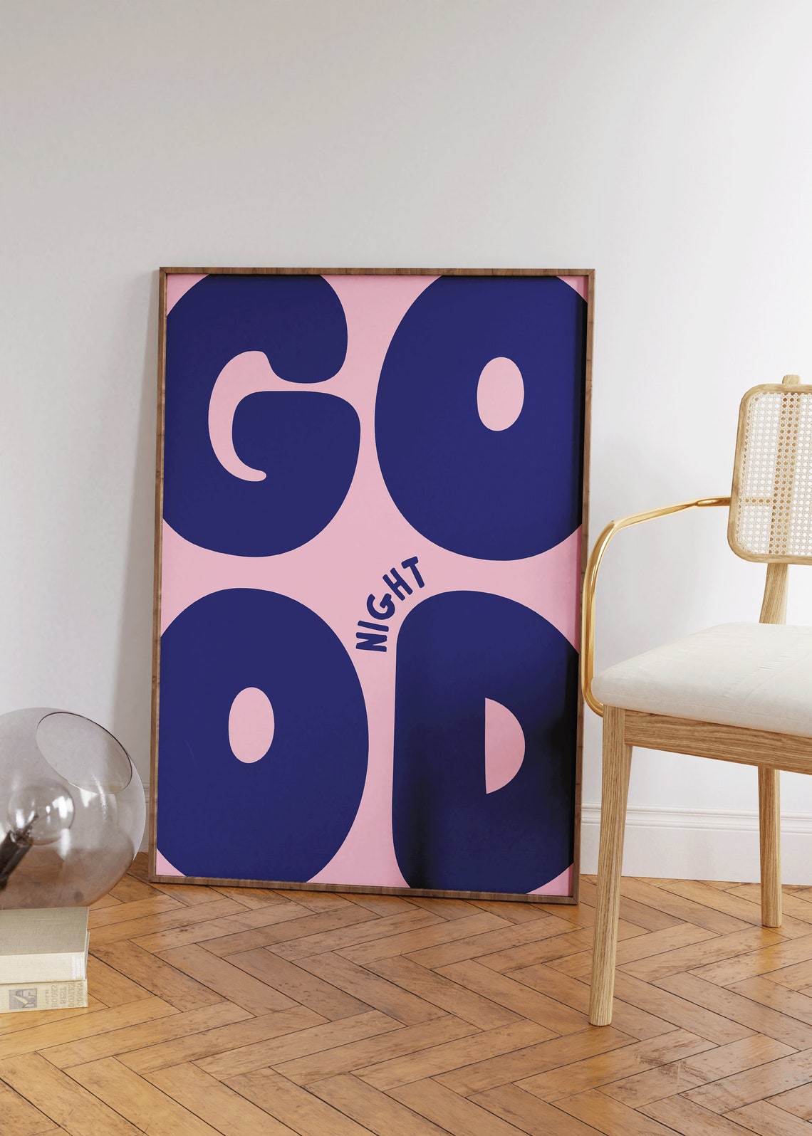 Good Night Navy Blue Oversized Letter Pink Bedroom Decor Poster