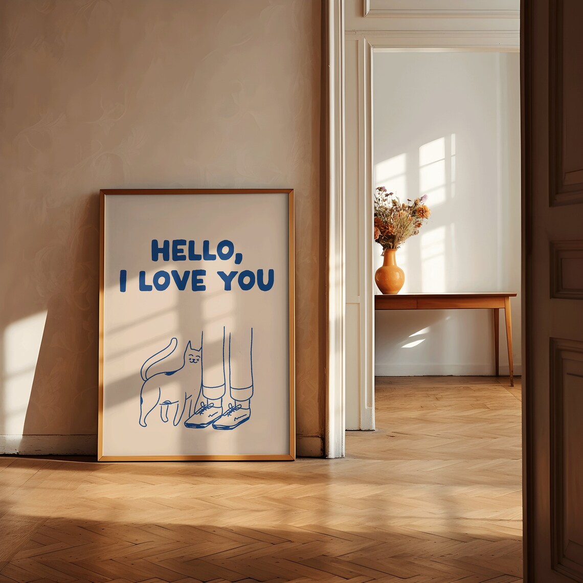 Hello I Love You Blue Cat Line Art Cream Cute Pet Lover Quote Poster - Image 2