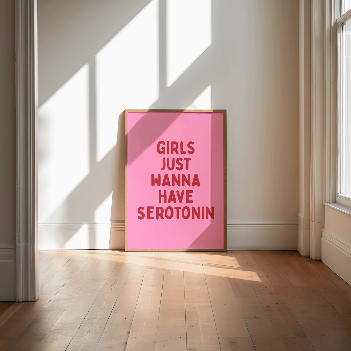 Girls Just Wanna Have Serotonin Pink Retro Block Typography Poster - Image 2